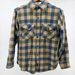 Vintage 70s Woolrich Plaid Medium Button Down Shirt Jacket Wool Blend Overshirt